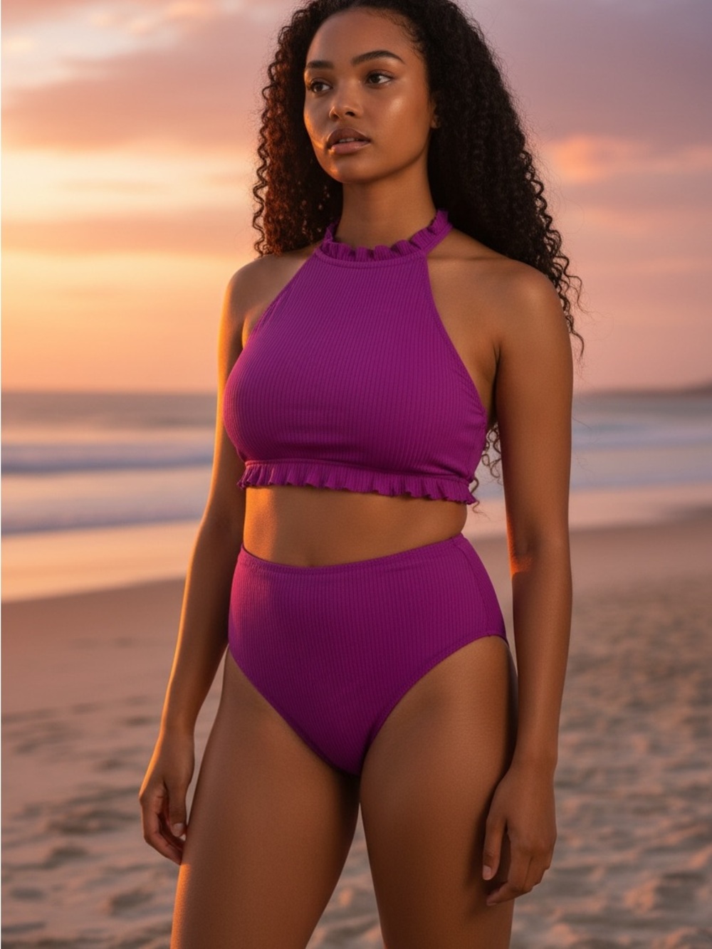 Cupshe Vibrant Fuchsia Ribbed Bikini Set Medium